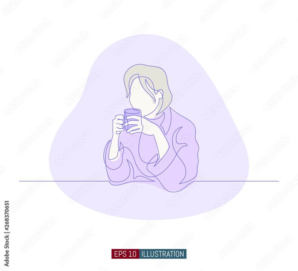 Continuous line drawing of girl with cup of coffee. Template for your design works. Vector illustration. Continuous line drawing of girl with cup of coffee. Template for your design works. Vector illustration.