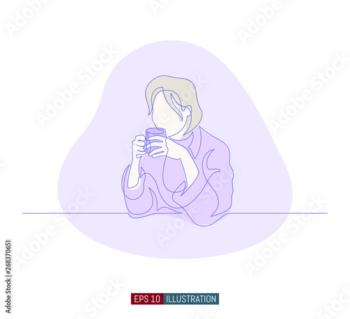 Fototapeta Naklejka Na Ścianę i Meble -  Continuous line drawing of girl with cup of coffee. Template for your design works. Vector illustration.