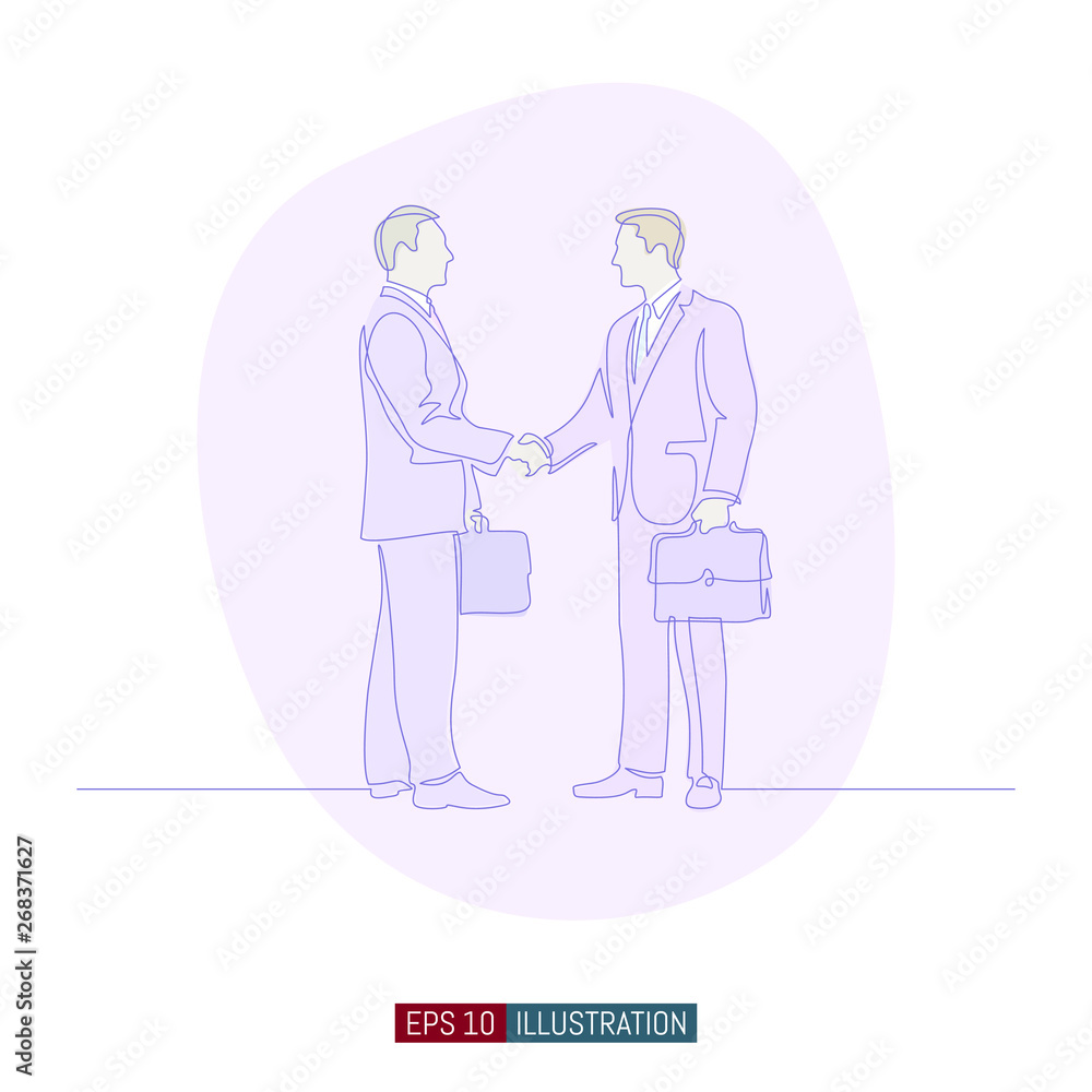 Continuous line drawing of  businessmens handshake. Template for your design works. Vector illustration.