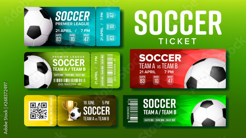 Stylish Tickets For Visit Soccer Match Set Vector. Collection Of Tickets For Football Premier League On Stadium Decorate Playing Ball And Prize, Team Names And Venue Details. Realistic 3d Illustration