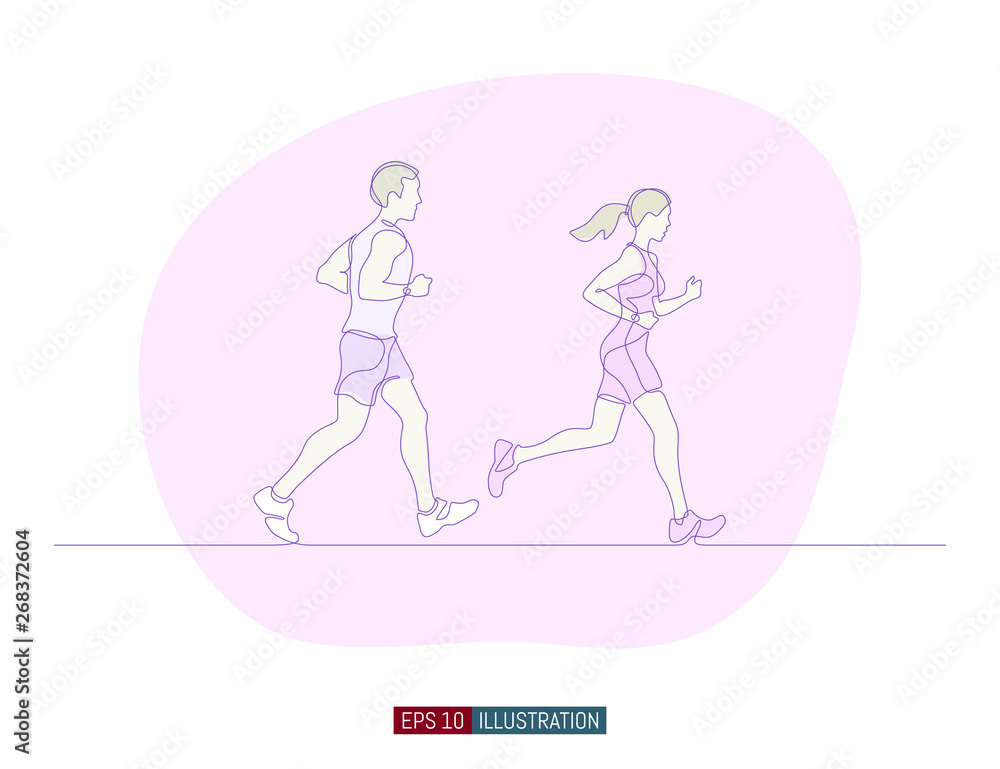 Continuous line drawing of running man and woman. Template for your design. Vector illustration. Continuous line drawing of running man and woman. Template for your design. Vector illustration.