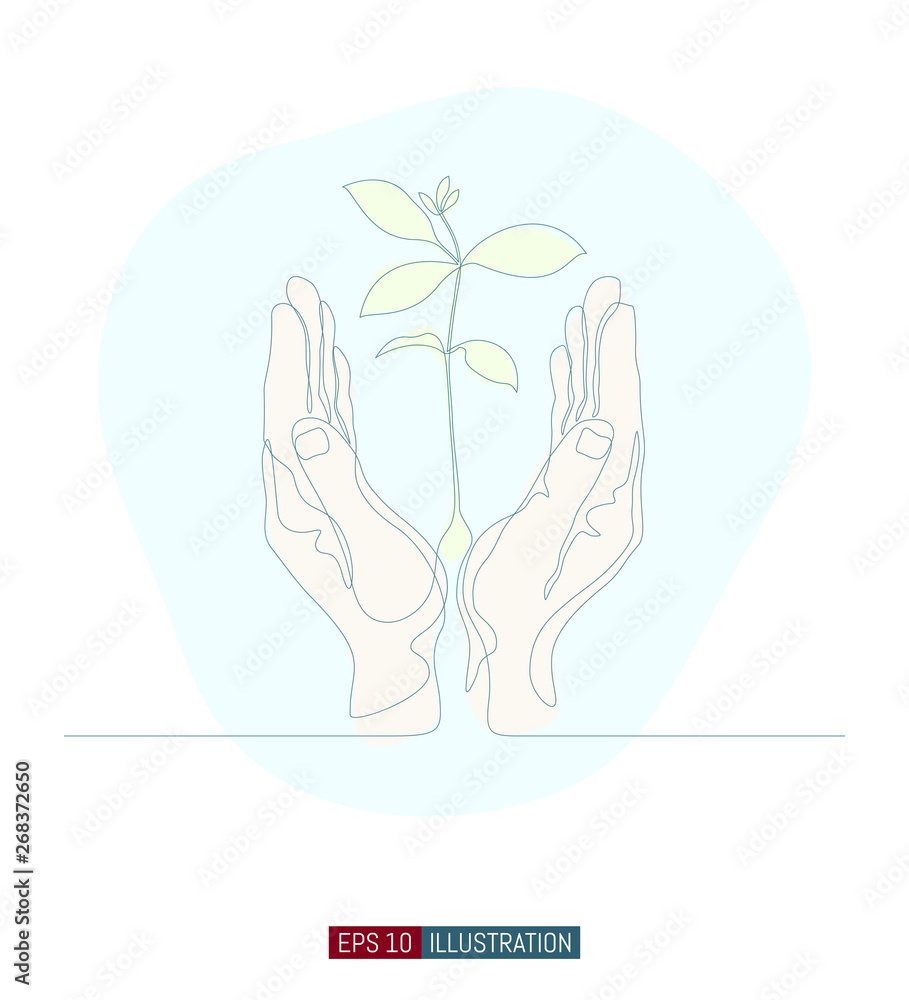 Continuous line drawing of Hand drawn hand gesture. Safe palms with sprout. Template for your design. Vector illustration. Continuous line drawing of Hand drawn hand gesture. Safe palms with sprout. Template for your design. Vector illustration.