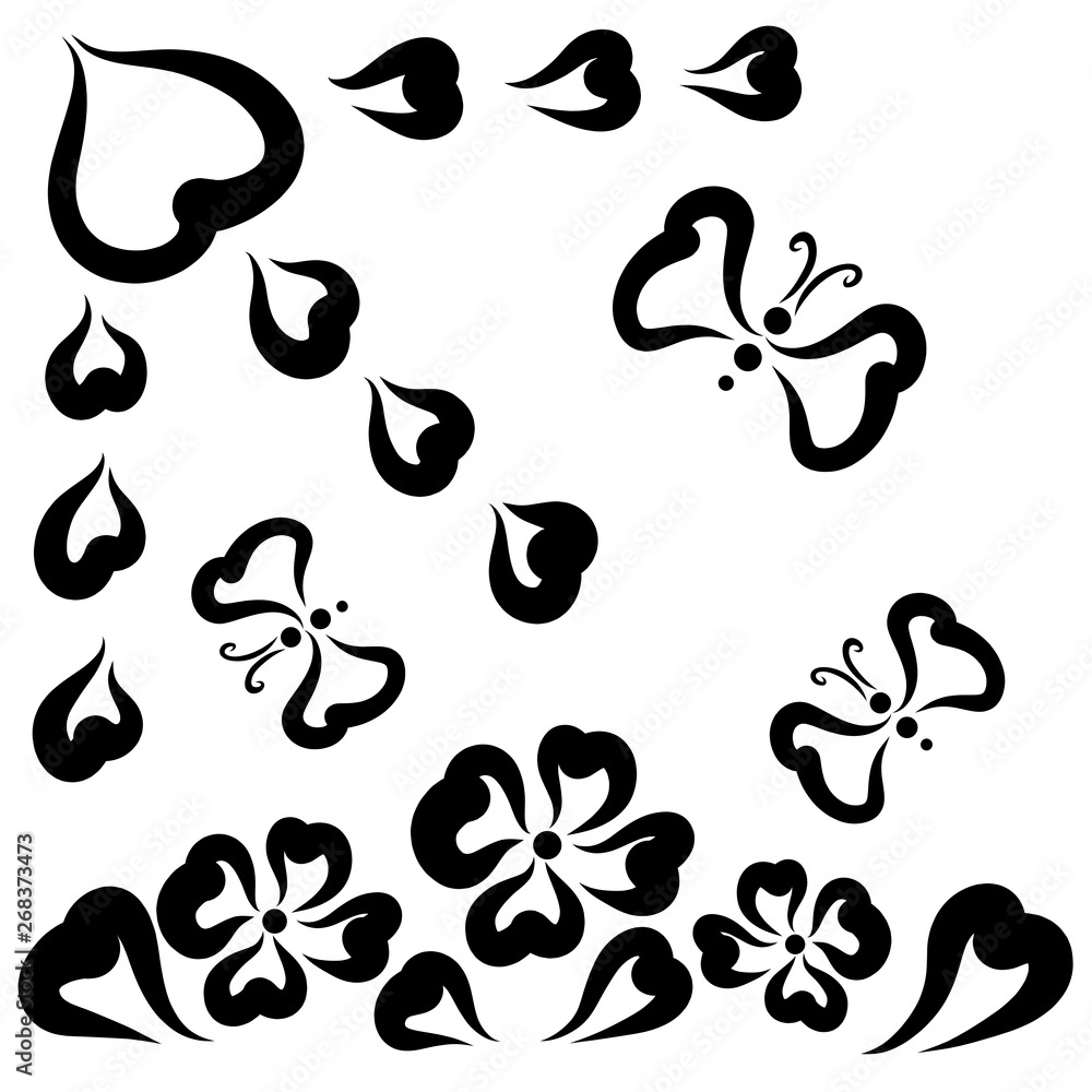 flowers, sun from hearts and flying butterflies flowers, sun from hearts and flying butterflies