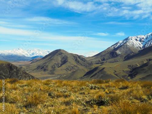 beautiful view on yellow plains with tussock grass and snow capped mountains from hiking trail to Mount Somers, foothills of Southern Alps in Canterbury region, South Island of New Zealand © Kamila