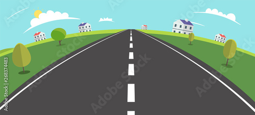 Landscape scene with road , trees and rural home vector illustration.Main street to village Fisheye view.Village scene with nature background.Beautiful nature landscape.