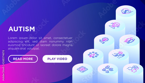 Autism symptoms and adaptive skills web page template with thin line isometric icons: repetitive behavior, stereotypy, ignoring of danger, autoaggression, hysterics. Modern vector illustration.