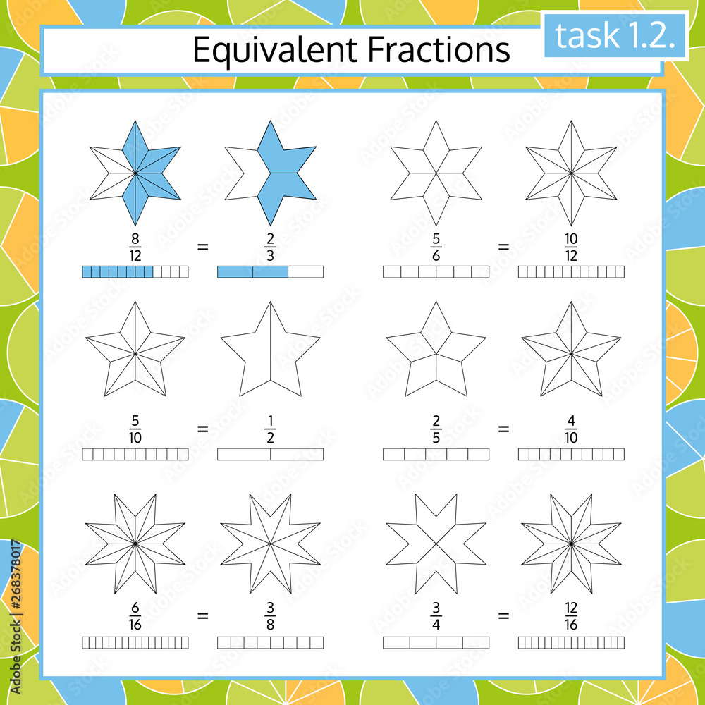 equivalent fractions mathematical worksheet stars coloring book page math puzzle educational game vector illustration stock vector adobe stock