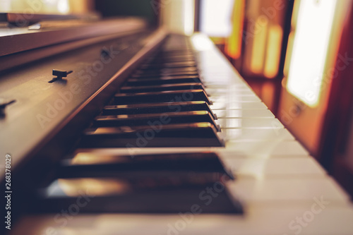Piano keys side view. Piano keyboard background. 