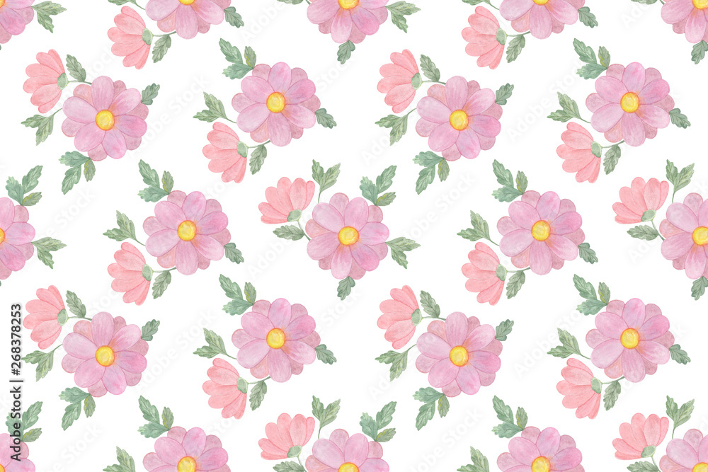 Hand drawn watercolor vitage flowers seamless pattern, isolated objects on the white background, watercolor botanical illustration, vintage and romantic style