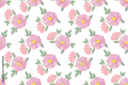 Hand drawn watercolor vitage flowers seamless pattern, isolated objects on the white background, watercolor botanical illustration, vintage and romantic style