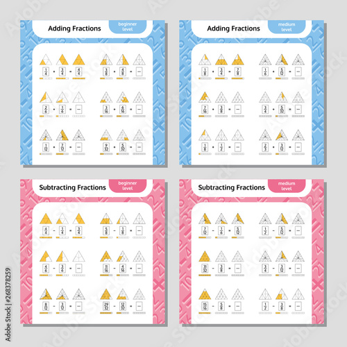 Adding and Subtracting Fractions Mathematical Worksheet Set. Triangles. Coloring Book Page. Math Puzzle. Educational Game. Vector illustration.