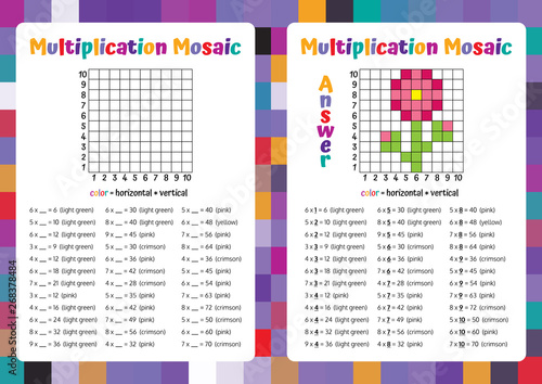 Multiplication Mosaic Math Puzzle Worksheet. Educational Game. Coloring Book Page Mathematical Game. Pixel Art. Vector illustration.
