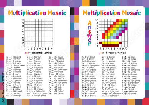 Multiplication Mosaic Math Puzzle Worksheet. Educational Game. Coloring Book Page Mathematical Game. Pixel Art. Vector illustration.
