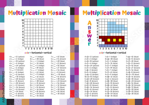 Multiplication Mosaic Math Puzzle Worksheet. Educational Game. Coloring Book Page Mathematical Game. Pixel Art. Vector illustration.