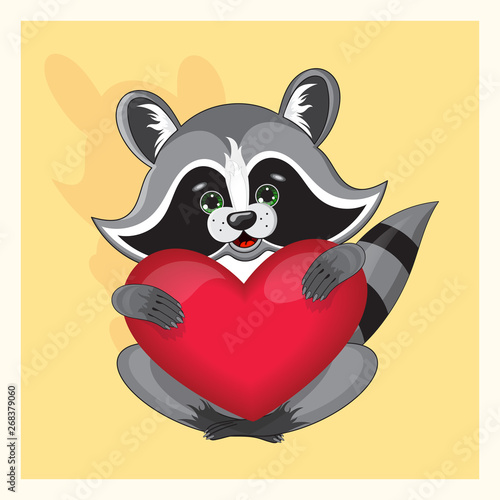 Cute Funny Raccoon holding heart on yellow background. Vector illustration cartoon.