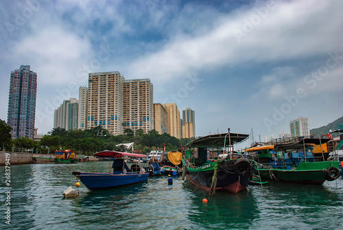 The urban skyline around the waterfront in the Aberdeen district of Hong Kong