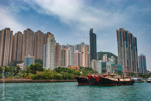 The urban skyline around the waterfront in the Aberdeen district of Hong Kong