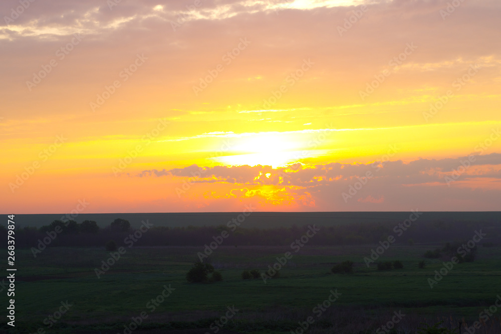 beautiful dawn. yellow sun rising above the horizon in the clouds beautiful dawn. yellow sun rising above the horizon in the clouds