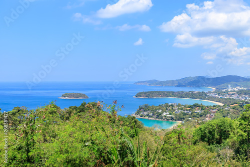 Aerial scenic view over beautiful Andaman sea and 3 bays at Karon Viewpoint, Phuket, Thailand