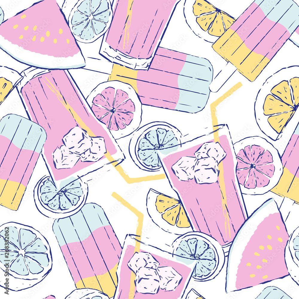 Vector summer party seamless pattern. Background with cocktail, lemon, watermelon and popsicle. Ideal for cards, wrapping paper and scrapbooking.