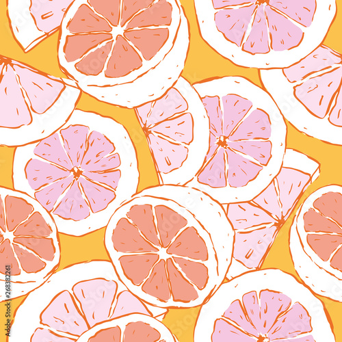 Vector pink grapefruit seamless pattern. Lemon background for kitchen textile, wallpaper and wrapping paper.