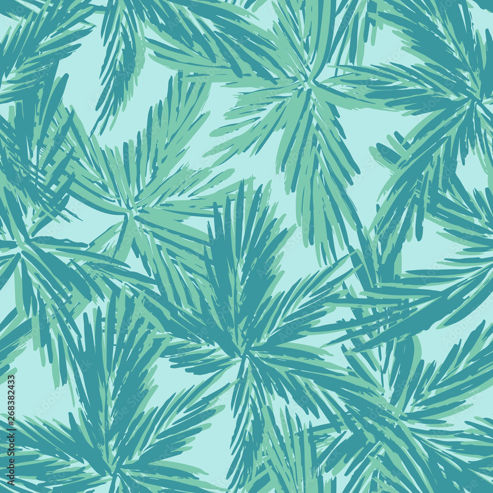 Vector green palm leaves seamless pattern. Hand drawn background for wallpaper, wrapping and packaging. 