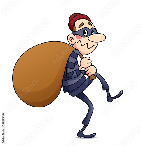 Bandit carry sack with money. Cartoon character burglar. Isolated white background. Eps10 vector illustration.