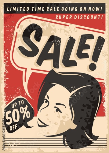 Vintage sale comic style poster on old paper texture. Retro promotional shopping advertise with woman portrait.