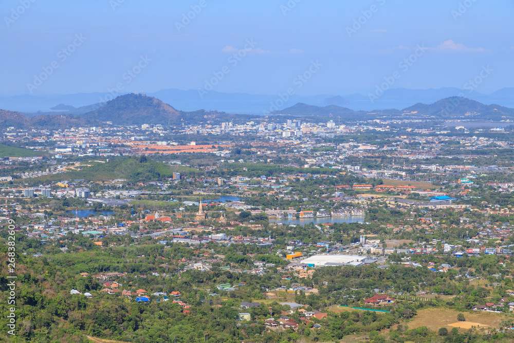 Phuket and Chalong Temple Pagoda aerial scenic view cityscape