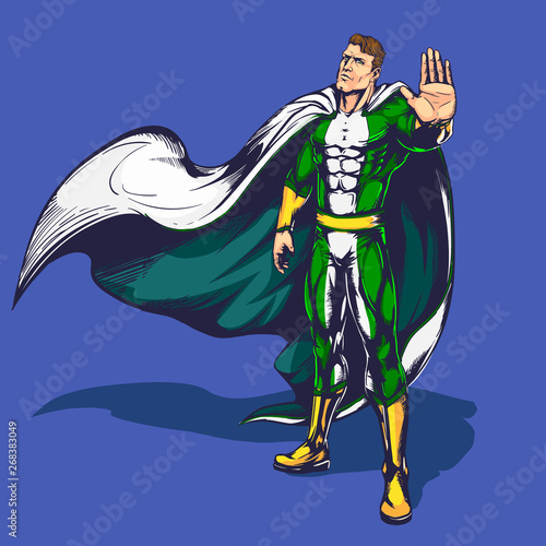 Muscular male superhero in a raincoat makes stopping hand sign