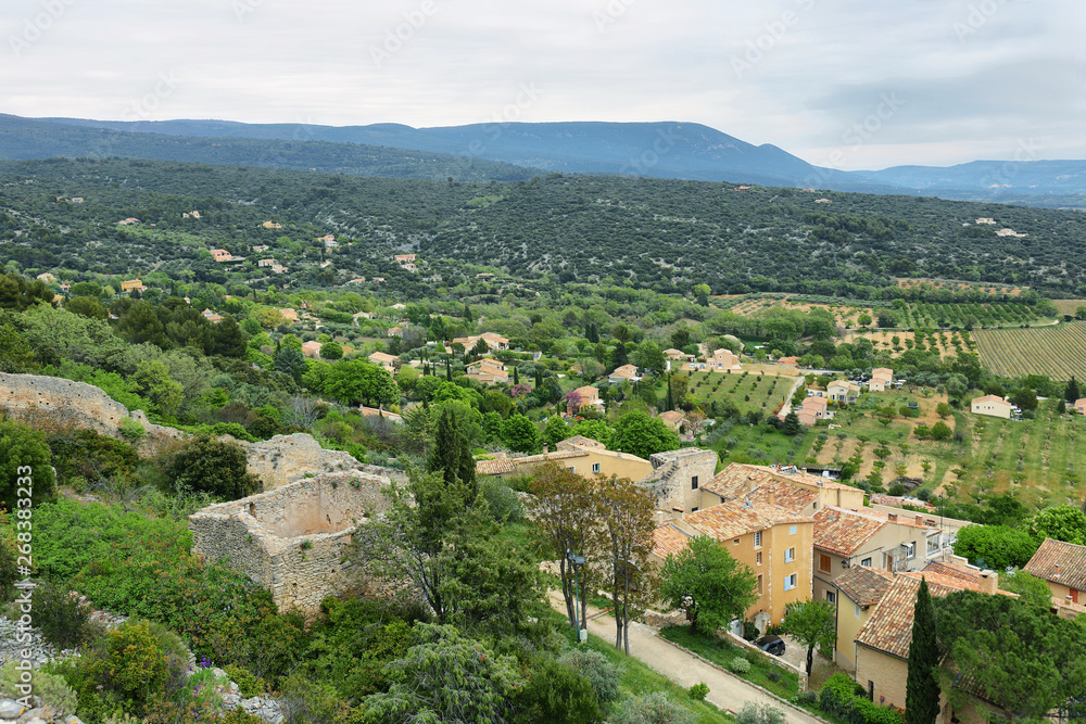View of houses and surrounding fields in St Saturnin les Apt, France