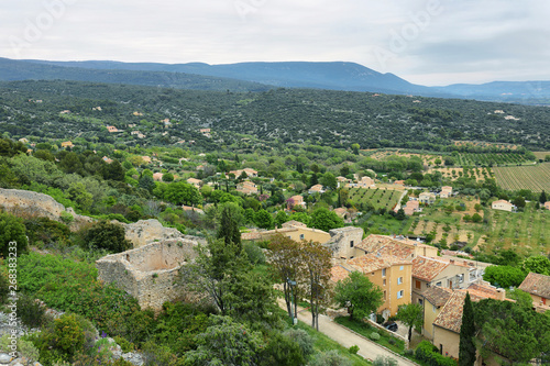 View of houses and surrounding fields in St Saturnin les Apt, France