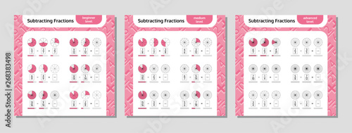 Subtracting Fractions Mathematical Worksheet Set. Coloring Book Page. Math Puzzle. Educational Game. Vector illustration.