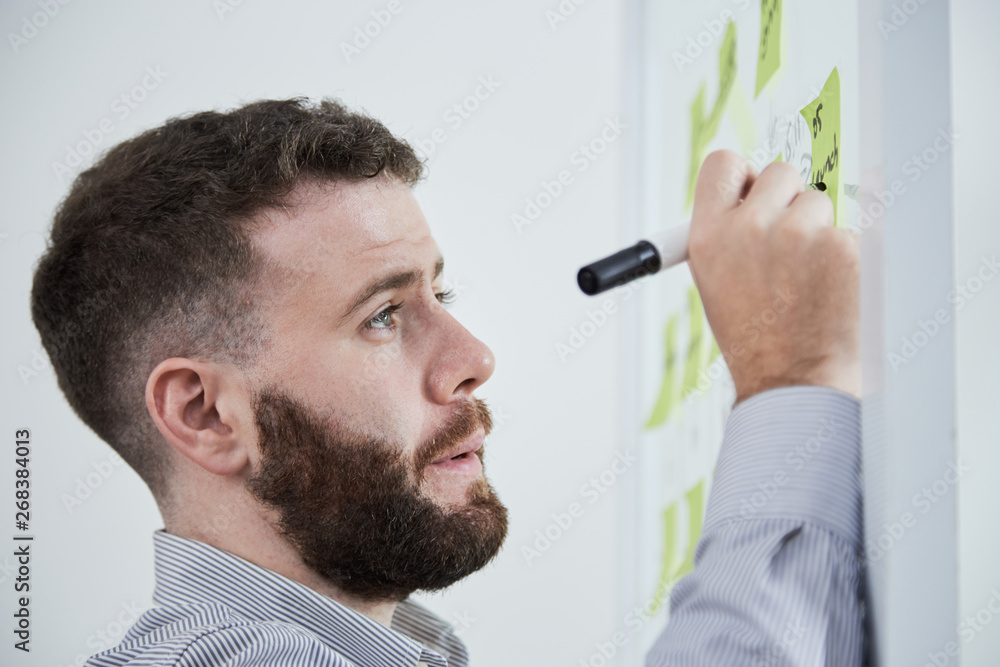 Young bearded businessman writing business ideas with marker pen on sticky notes at office Young bearded businessman writing business ideas with marker pen on sticky notes at office