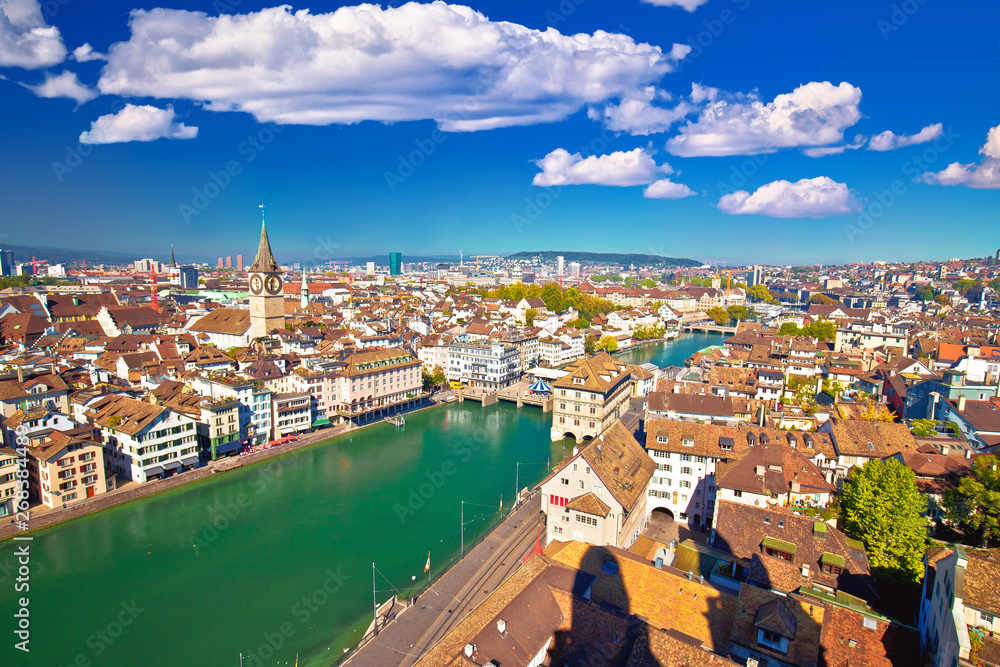 Zurich and Limmat river waterfront aerial view