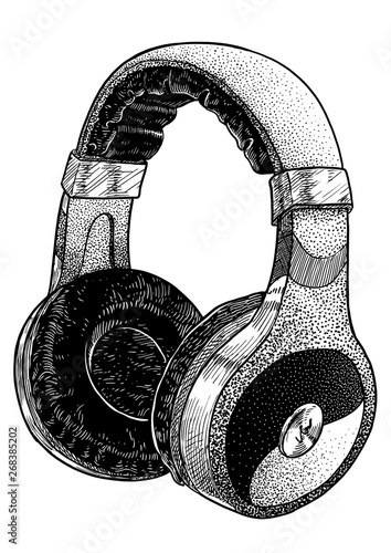 Headphone illustration, drawing, engraving, ink, line art, vector