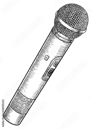 Microphone illustration, drawing, engraving, ink, line art, vector