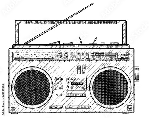 Retro portable radio illustration, drawing, engraving, ink, line art, vector