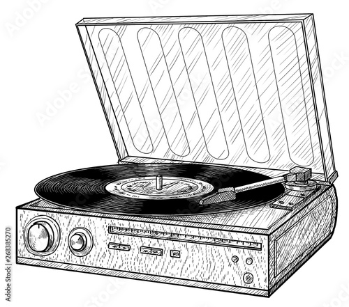 Vinyl player illustration, drawing, engraving, ink, line art, vector