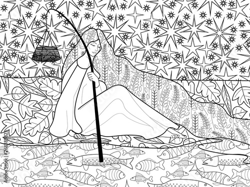 illustration of a beautiful girl, embodying the sign of the zodiac, can be used as a coloring book
