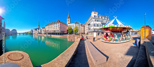 Zurich and Limmat river waterfront colorful panorama