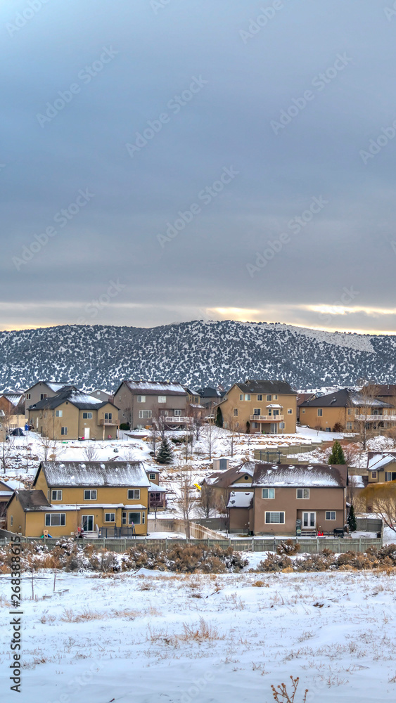 Clear Vertical Frosty town with homes that contrast with the blanket of snow in winter