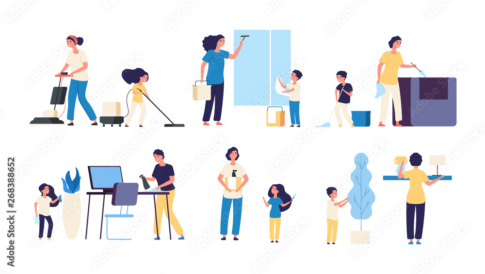 Kids parents cleaning. Mother father children cleaners housework vacuuming sweep household equipment vector cartoon characters. Family do housework, parents cleaning illustration