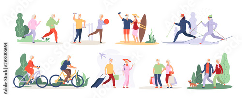 Elderly characters. Grandfather grandmother couple sport tourist tandem cute old granny elderly people outdoor vector isolated set. Illustration of grandfather and grandmother do sport activity