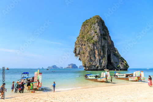 Krabi  Thailand - February 23  2019  Ao Phra Nang near Railay beach with beautiful clear turquoise blue sea. Famous tourist destination in the province.