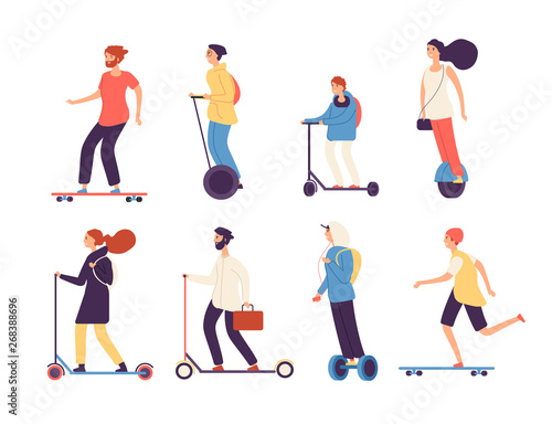 People riding skateboard. Man woman with electric vehicles ride motor skateboard longboard scooter skate isolated vector characters. Peple ride by skateboard and modern electric transport illustration