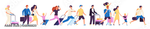 Tourist group. Happy tourists with suitcases walking together in airport, family traveler journey vector isolated illustration. Tourist travel, passenger with luggage rush