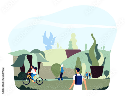 People in city park. Free green giant plants persons walk ride bike in eco urban summer spring garden healthy lifestyle vector concept. Illustration of outdoor sport in city park