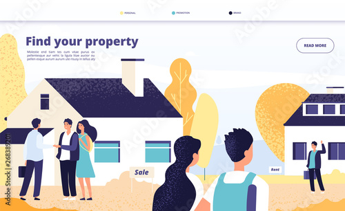 Real estate landing. People rent, sale and buy property. Young couple with broker and owner at private house. Vector web page design. Illustration of rent property house, character seller real estate