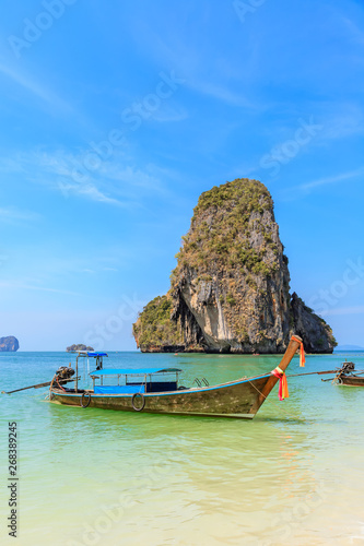 Beautiful clear turquoise blue sea and boats at Ao Phra Nang near Railay beach, Krabi, Thailand